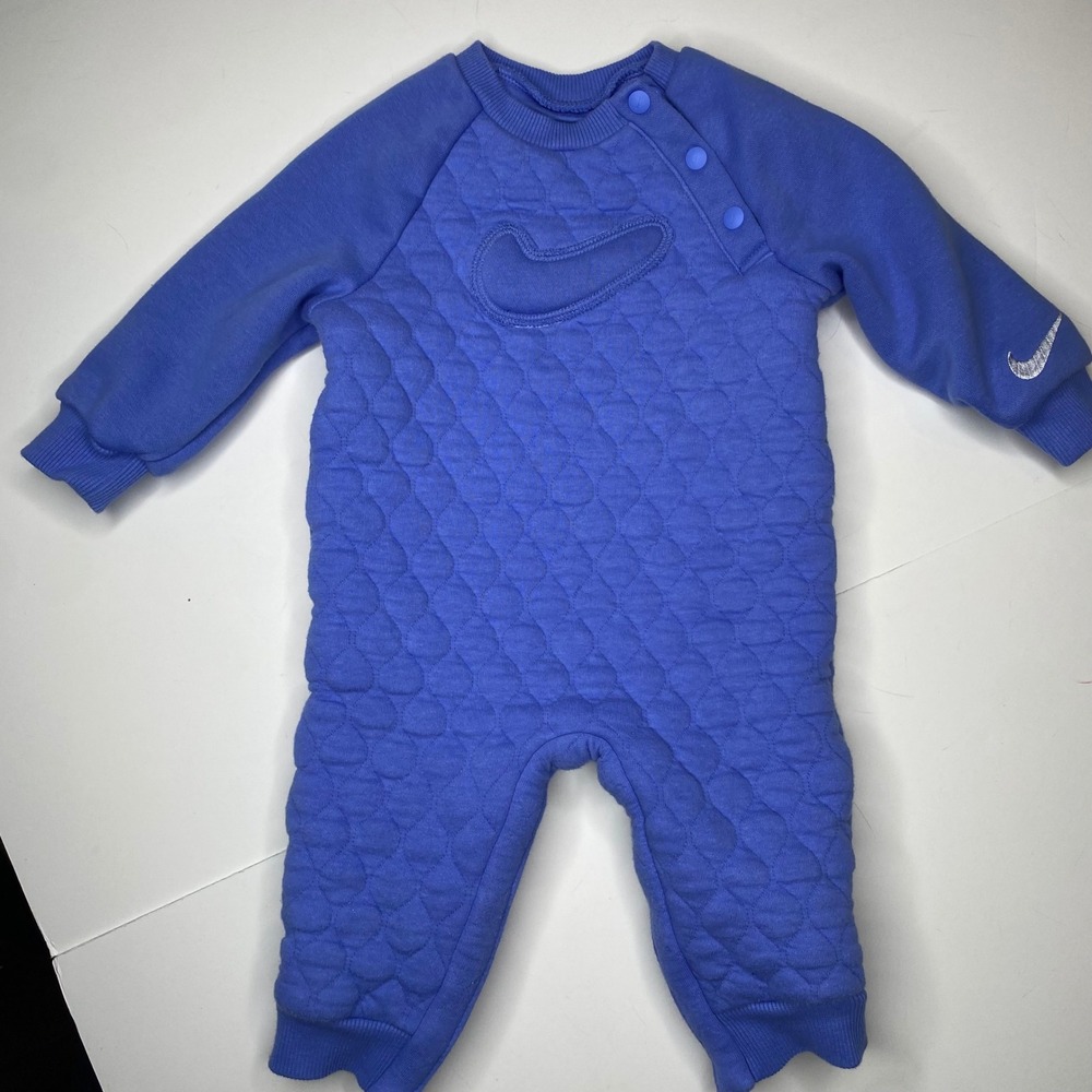 Nike‎ Baby Boys Girls Blue Quilted Romper Jumpsuit Snap Button Logo 12 Months